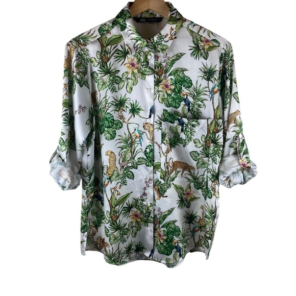 Zara White Green Jungle Print Blouse Safari Palm Leaf Size XS - Picture 4 of 11